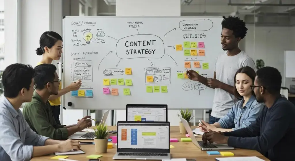Marketing team brainstorming ideas for a content strategy with a whiteboard and laptops
