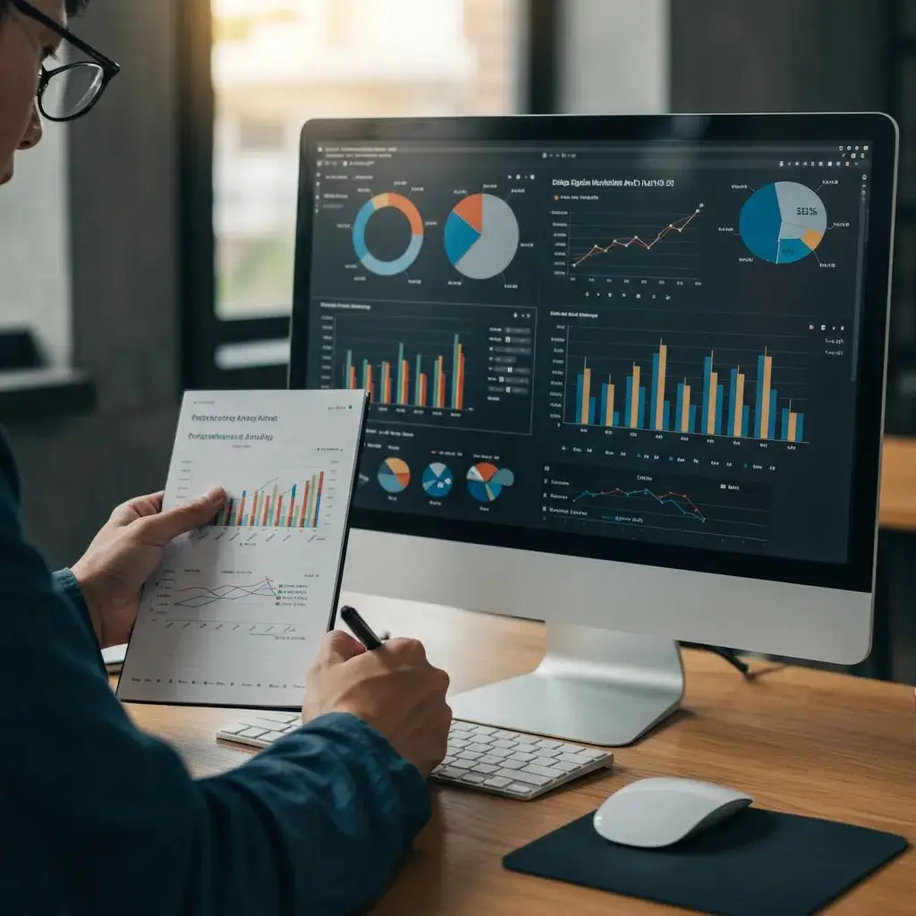 Digital marketing analyst reviewing performance metrics on a computer screen